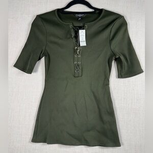 White House Black Market Olive Green Lace-Up Ribbed Top
